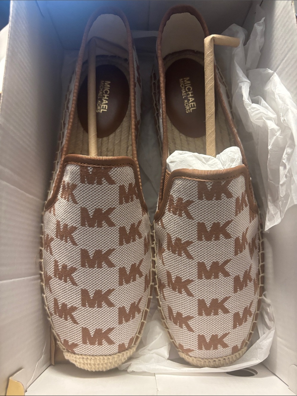 Michael Kors Brown and Cream MK Logo Espadrille Slip-Ons